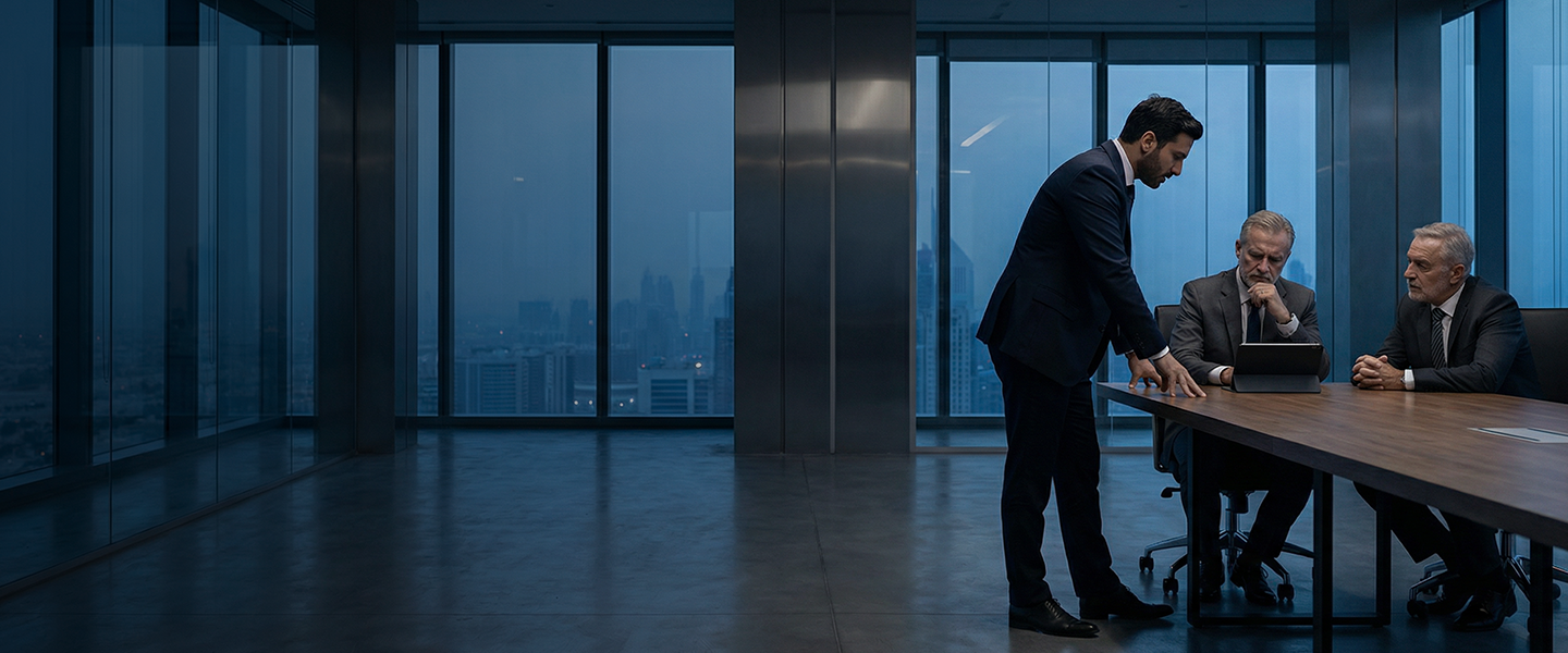 David, a coach for startup founders, conducting a data-driven leadership session on cultural alignment for a high-growth UAE startup.