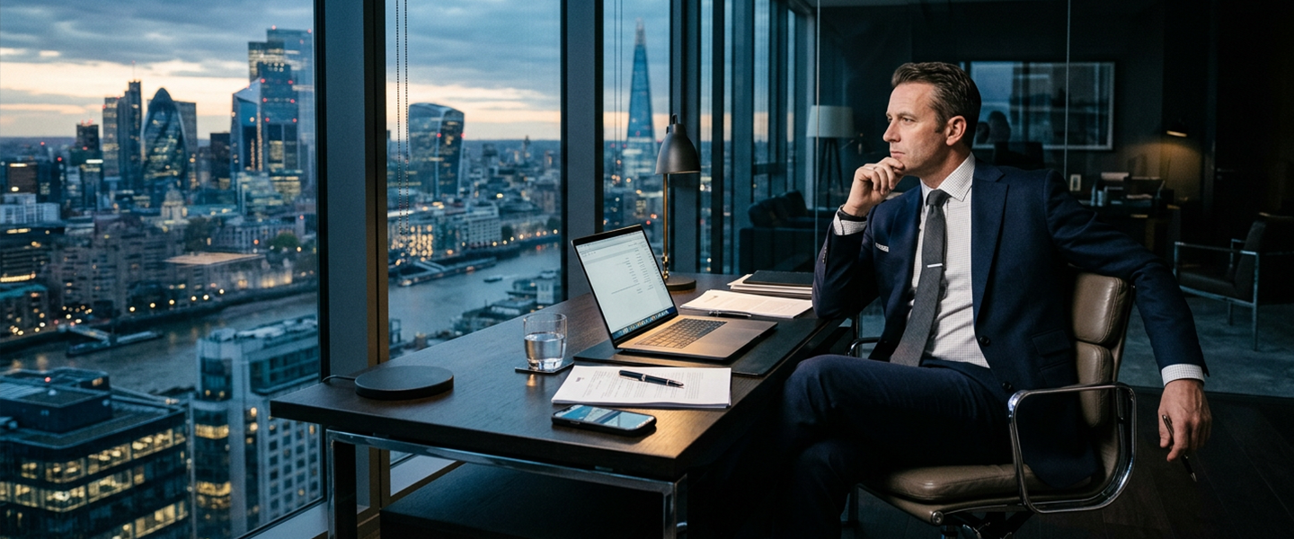 A thoughtful senior executive corporate leader reflecting on a career plateau and identity shift.